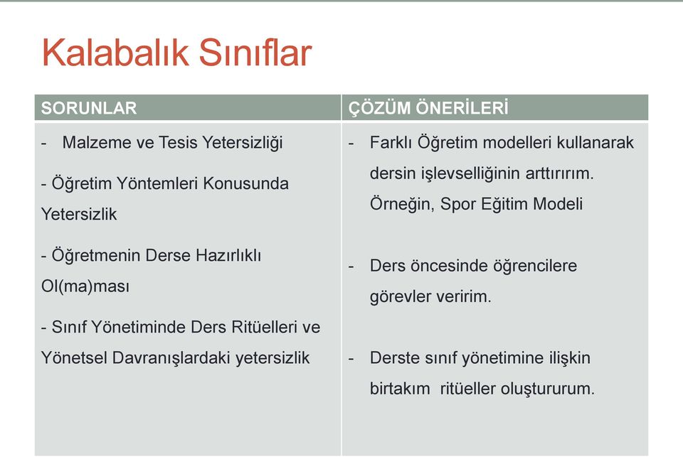 yetersizlik ÇÖZÜM ÖNERİLERİ - Farklı Öğretim modelleri kullanarak dersin işlevselliğinin arttırırım.