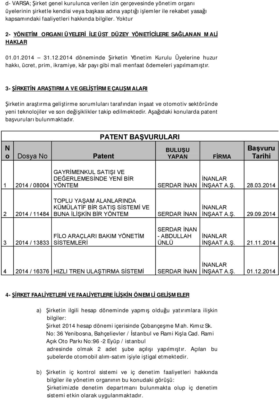 2014 döneminde Şirketin Yönetim Kurulu Üyelerine huzur hakkı, ücret, prim, ikramiye, kâr payı gibi mali menfaat ödemeleri yapılmamıştır.