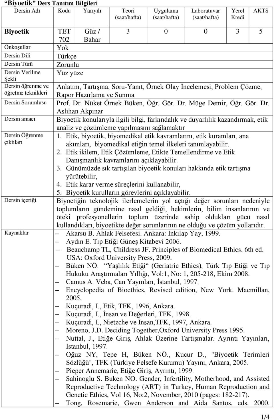 Problem Çözme, Rapor Hazırlama ve Sunma Prof. Dr. Nüket Örnek Büken, Öğr. Gör. Dr. Müge Demir, Öğr. Gör. Dr. Aslıhan Akpınar Biyoetik konularıyla ilgili bilgi, farkındalık ve duyarlılık kazandırmak, etik analiz ve çözümleme yapılmasını sağlamaktır 1.