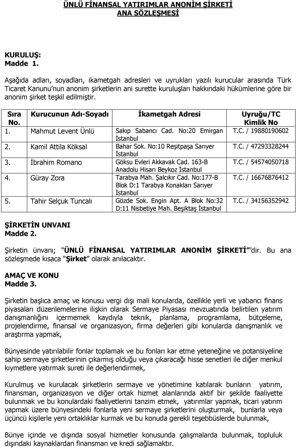 teşkil edilmiştir. Sıra No. Kurucunun Adı-Soyadı İkametgah Adresi Uyruğu/TC Kimlik No 1. Mahmut Levent Ünlü Sakıp Sabancı Cad. No:20 Emirgan T.C. / 19880190602 İstanbul 2.