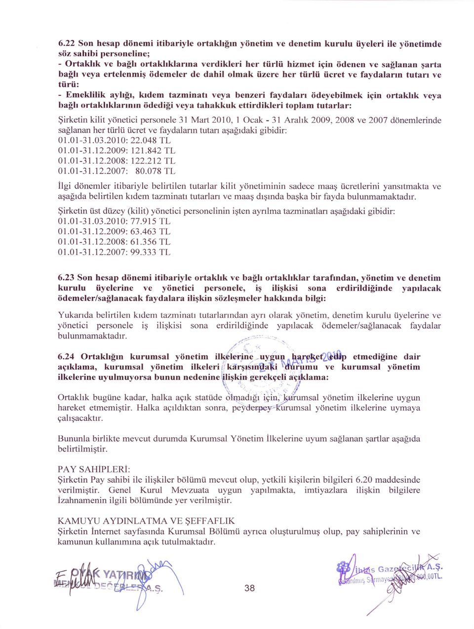 bağh ortaklıklarının ödediği veya tahakkuk ettirdikleri toplam tutarlar: Şirketin kilit yönetici personele 31 Mart 2010, 1 Ocak - 31 Aralık 2009, 2008 ve 2007 dönemlerinde sağlanan her türlü ücret ve