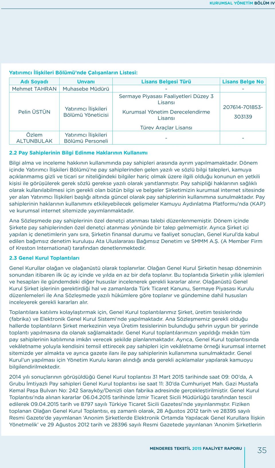 Lisansı - - 2.2 Pay Sahiplerinin Bilgi Edinme Haklarının Kullanımı Bilgi alma ve inceleme hakkının kullanımında pay sahipleri arasında ayrım yapılmamaktadır.