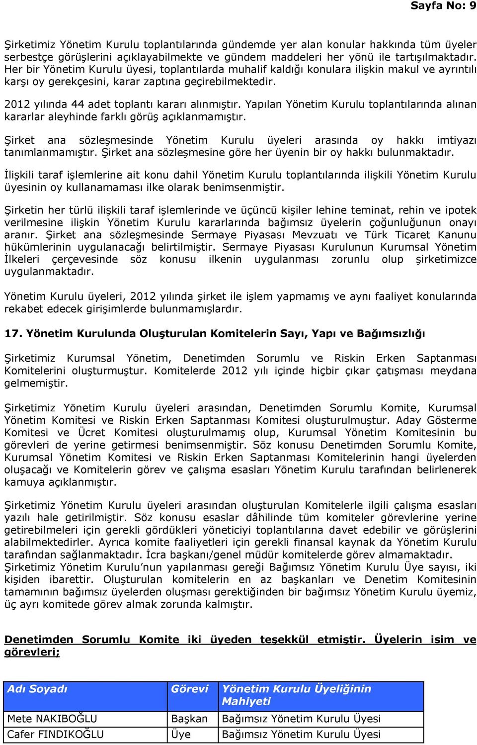 Yapılan Yönetim Kurulu toplantılarında alınan kararlar aleyhinde farklı görüş açıklanmamıştır. Şirket ana sözleşmesinde Yönetim Kurulu üyeleri arasında oy hakkı imtiyazı tanımlanmamıştır.