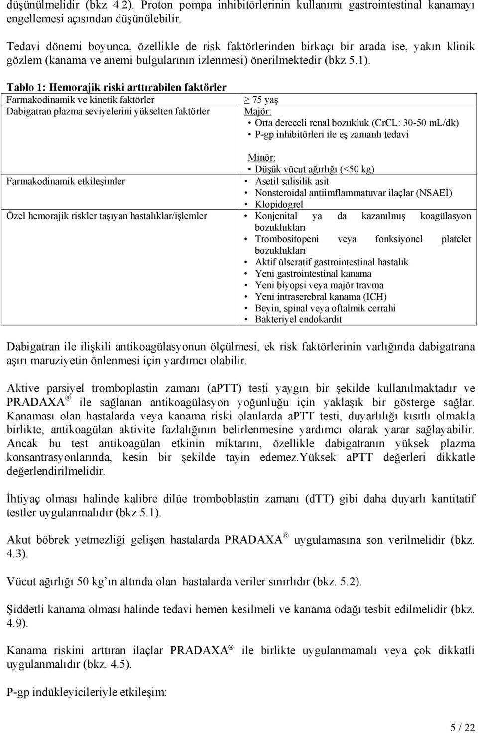 Tablo 1: Hemorajik riski arttırabilen faktörler Farmakodinamik ve kinetik faktörler Dabigatran plazma seviyelerini yükselten faktörler 75 yaş Majör: Orta dereceli renal bozukluk (CrCL: 30-50 ml/dk)