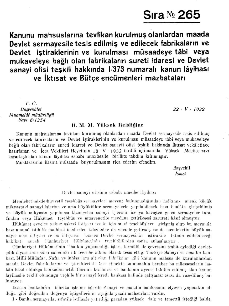 Başvekâlet 22 - V - 1932 Mu