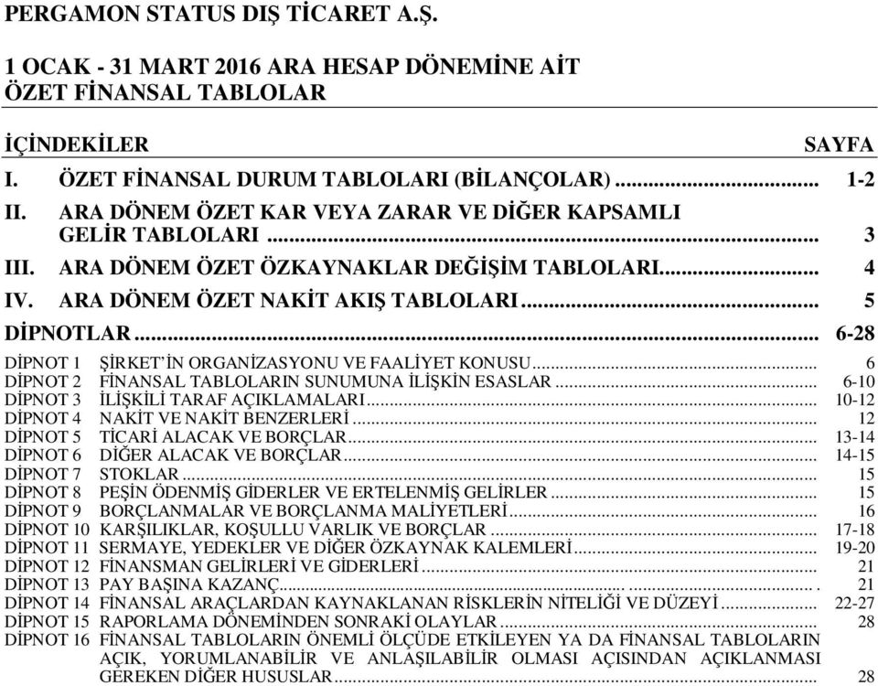 .. 6-28 DĐPNOT 1 ŞĐRKET ĐN ORGANĐZASYONU VE FAALĐYET KONUSU... 6 DĐPNOT 2 FĐNANSAL TABLOLARIN SUNUMUNA ĐLĐŞKĐN ESASLAR... 6-10 DĐPNOT 3 ĐLĐŞKĐLĐ TARAF AÇIKLAMALARI.