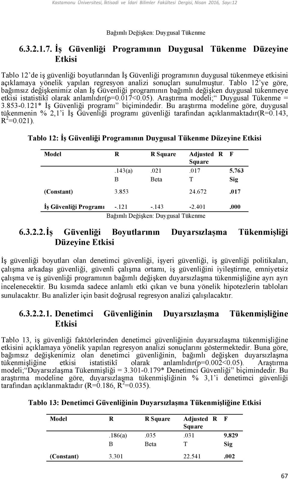 sonuçları sunulmuştur. Tablo 12 ye göre, bağımsız değişkenimiz olan İş Güvenliği programının bağımlı değişken duygusal tükenmeye etkisi istatistikî olarak anlamlıdır(p=0.017<0.05).