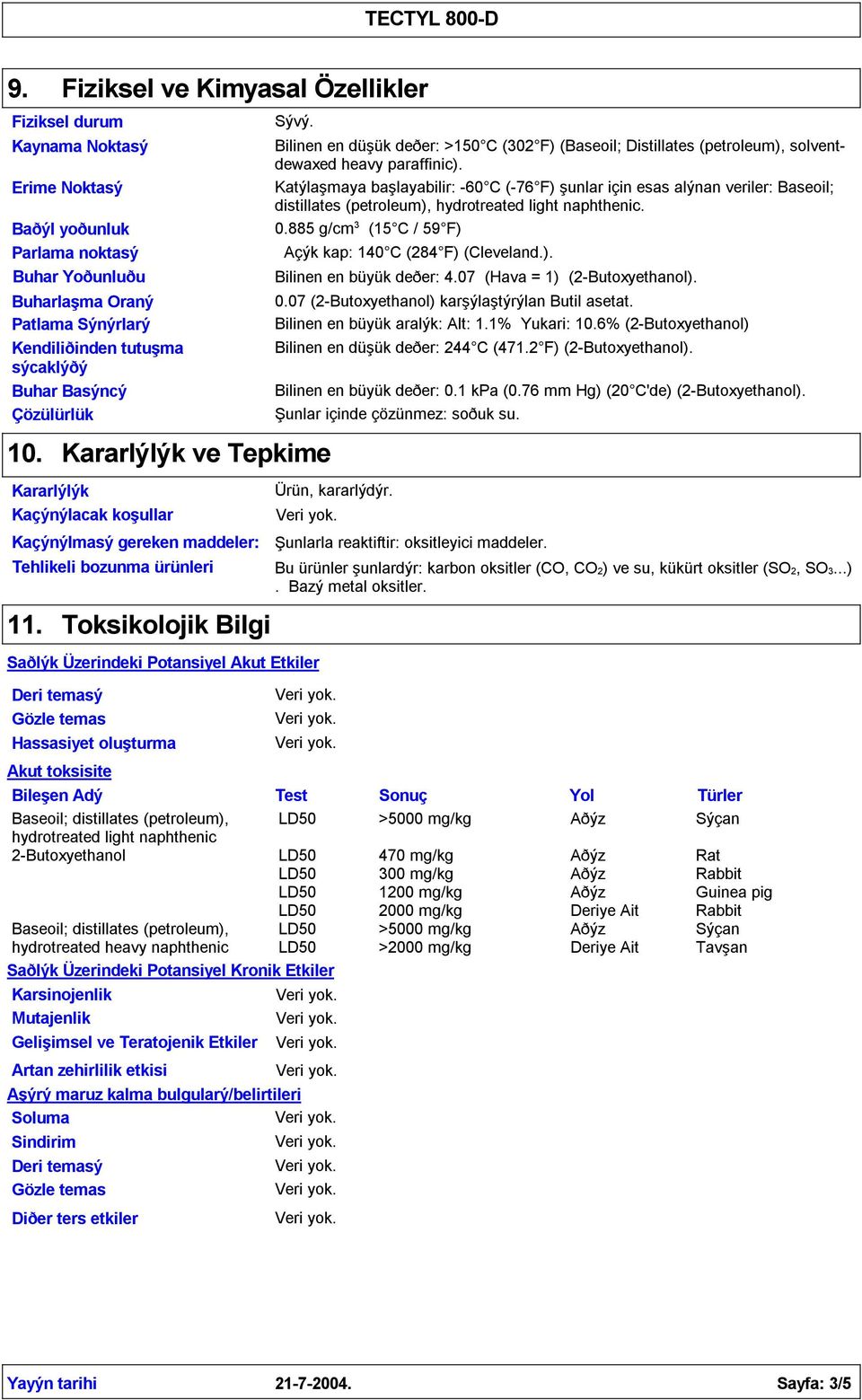 Toksikolojik Bilgi Akut toksisite hydrotreated light naphthenic Bilinen en düşük deðer: >150 C (302 F) (Baseoil; Distillates (petroleum), solventdewaxed heavy paraffinic).