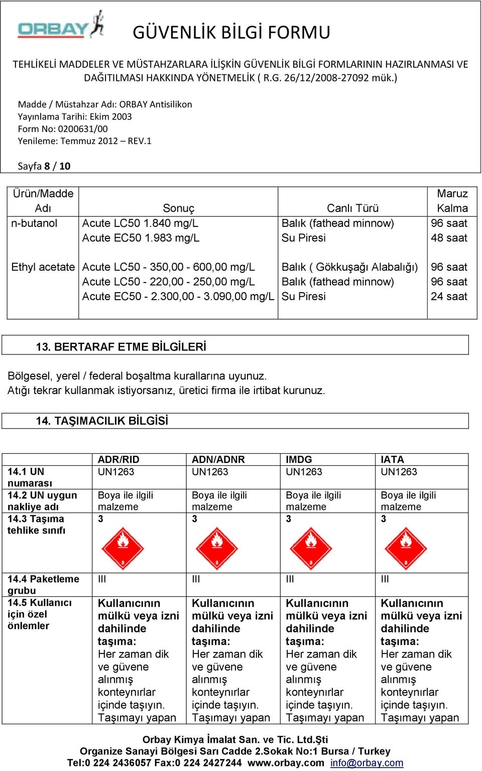 090,00 mg/l Balık ( Gökkuşağı Alabalığı) Balık (fathead minnow) Su Piresi 96 saat 96 saat 24 saat 13. BERTARAF ETME BİLGİLERİ Bölgesel, yerel / federal boşaltma kurallarına uyunuz.