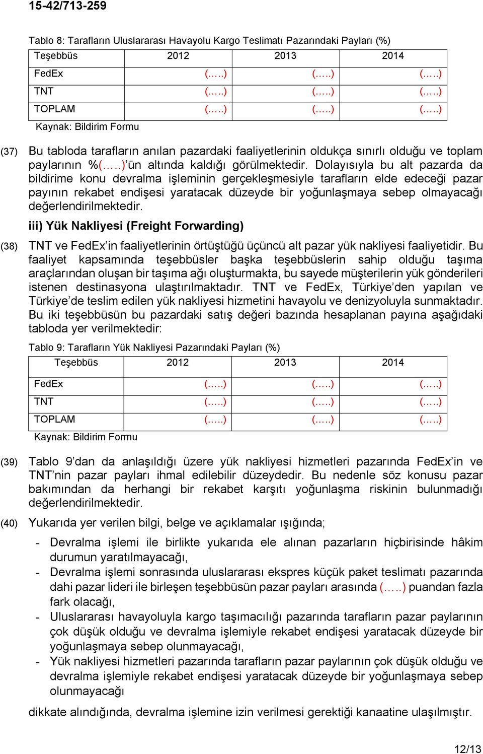 Dolayısıyla bu alt pazarda da bildirime konu devralma işleminin gerçekleşmesiyle tarafların elde edeceği pazar payının rekabet endişesi yaratacak düzeyde bir yoğunlaşmaya sebep olmayacağı