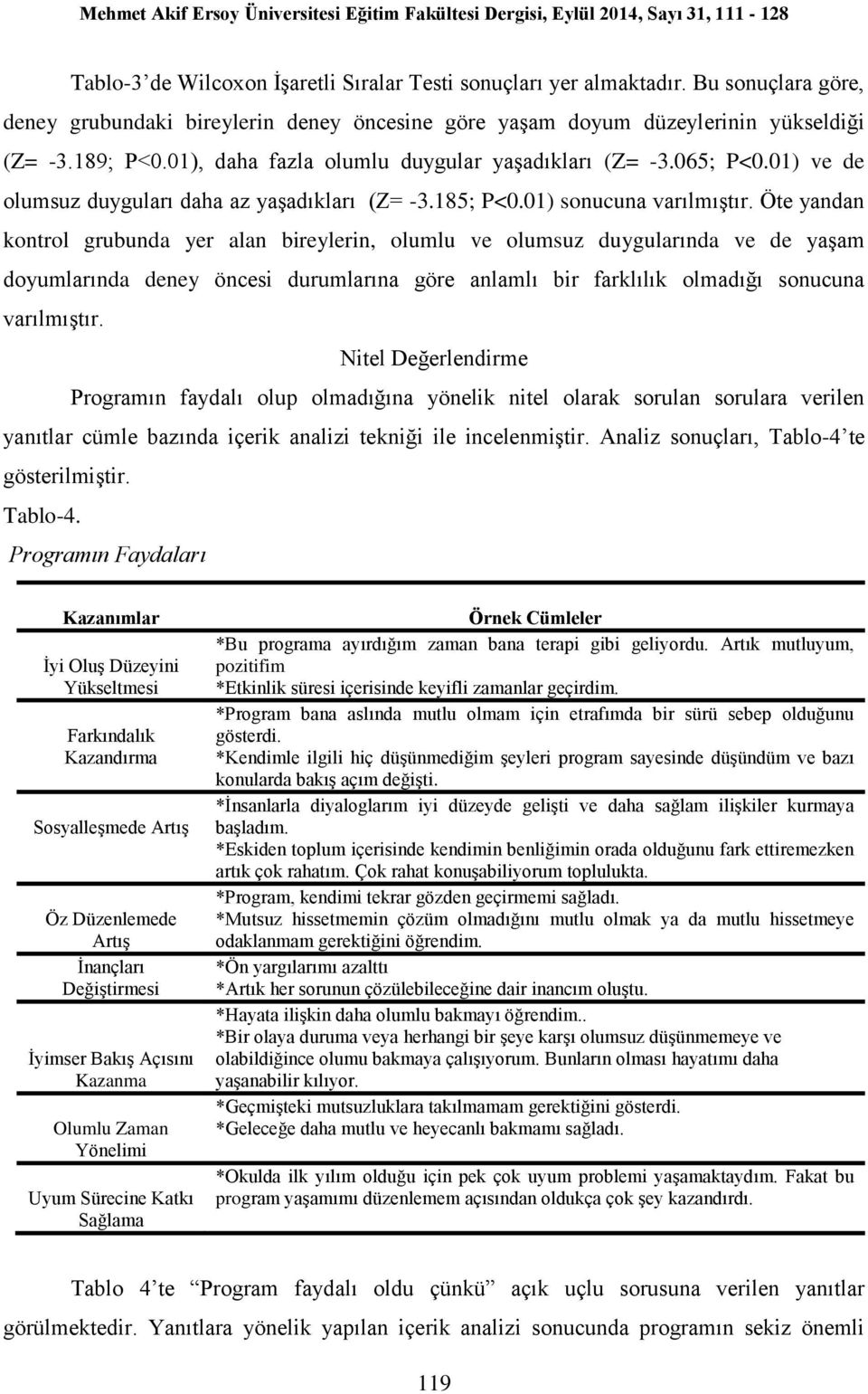 Öte yandan kontrol grubunda yer alan bireylerin, olumlu ve olumsuz duygularında ve de yaşam doyumlarında deney öncesi durumlarına göre anlamlı bir farklılık olmadığı sonucuna varılmıştır.