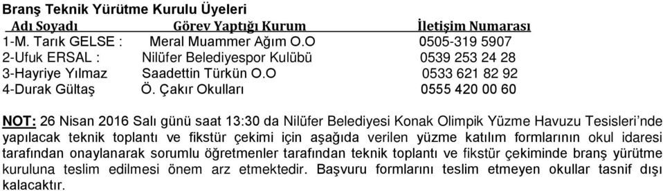 Çakır Okulları 0555 420 00 60 NOT: 26 Nisan 2016 Salı günü saat 13:30 da Nilüfer Belediyesi Konak Olimpik Yüzme Havuzu Tesisleri nde yapılacak teknik toplantı ve fikstür çekimi