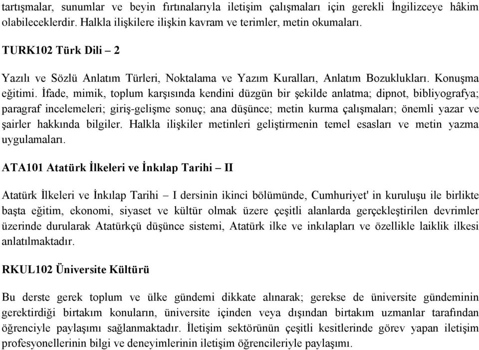 İfade, mimik, toplum karşısında kendini düzgün bir şekilde anlatma; dipnot, bibliyografya; paragraf incelemeleri; giriş-gelişme sonuç; ana düşünce; metin kurma çalışmaları; önemli yazar ve şairler