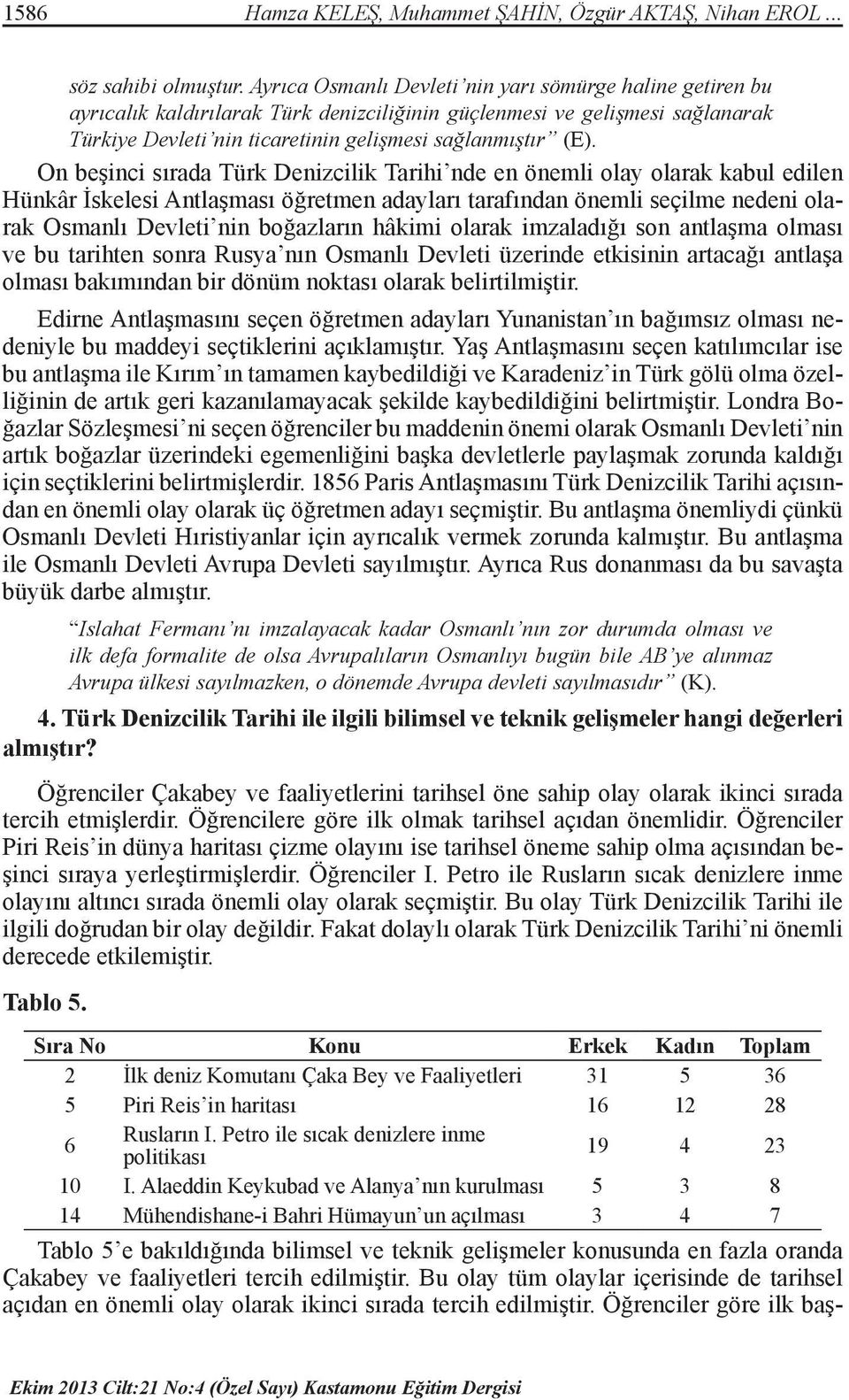 On beşinci sırada Türk Denizcilik Tarihi nde en önemli olay olarak kabul edilen Hünkâr İskelesi Antlaşması öğretmen adayları tarafından önemli seçilme nedeni olarak Osmanlı Devleti nin boğazların
