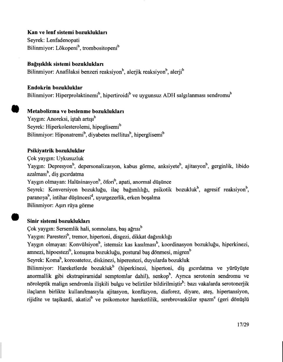 Hiperkolesterolemi, hipoglisemi b Bilinmiyor: Hiponatremi b, diyabetes mellitus b, hiperglisemi b Psikiyatrik bozukluklar Çok yaygın: Uykusuzluk Yaygın: Depresyon b, depersonalizasyon, kabus görme,