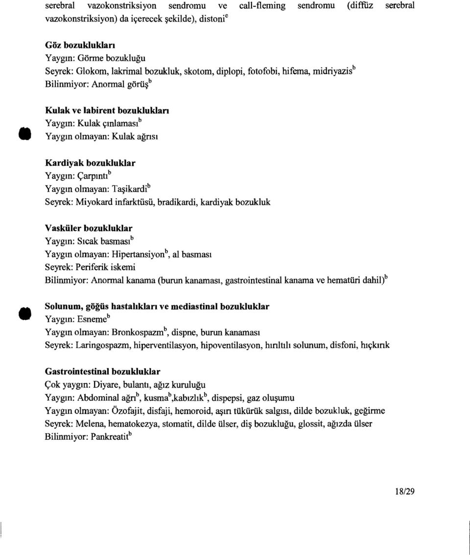 Çarpıntı b Yaygın olmayan: Taşikardi b Seyrek: Miyokard infarktüsü, bradikardi, kardiyak bozukluk Vasküler bozukluklar Yaygın: Sıcak basmasıb Yaygın olmayan: Hipertansiyon b, al basması Seyrek: