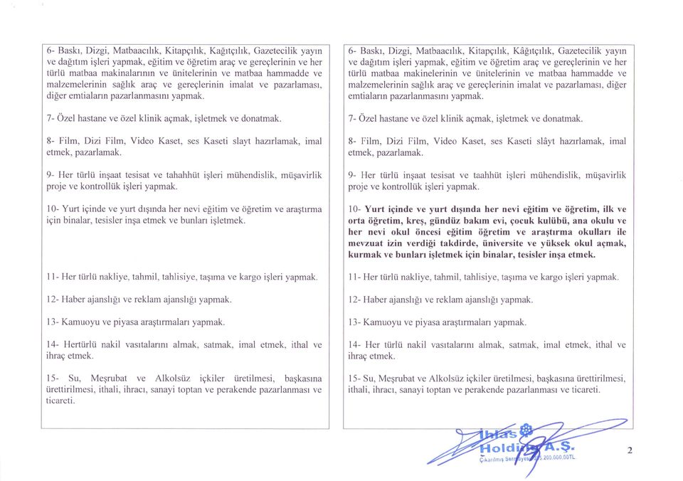 8- Film, Dizi Film, Video Kaset, ses Kaseti slayt hazırlamak, imal etmek, pazarlamak. 9- Her türlü inşaat tesisat ve tahahhüt işleri mühendislik, müşavirlik proje ve kontrollük işleri yapmak.