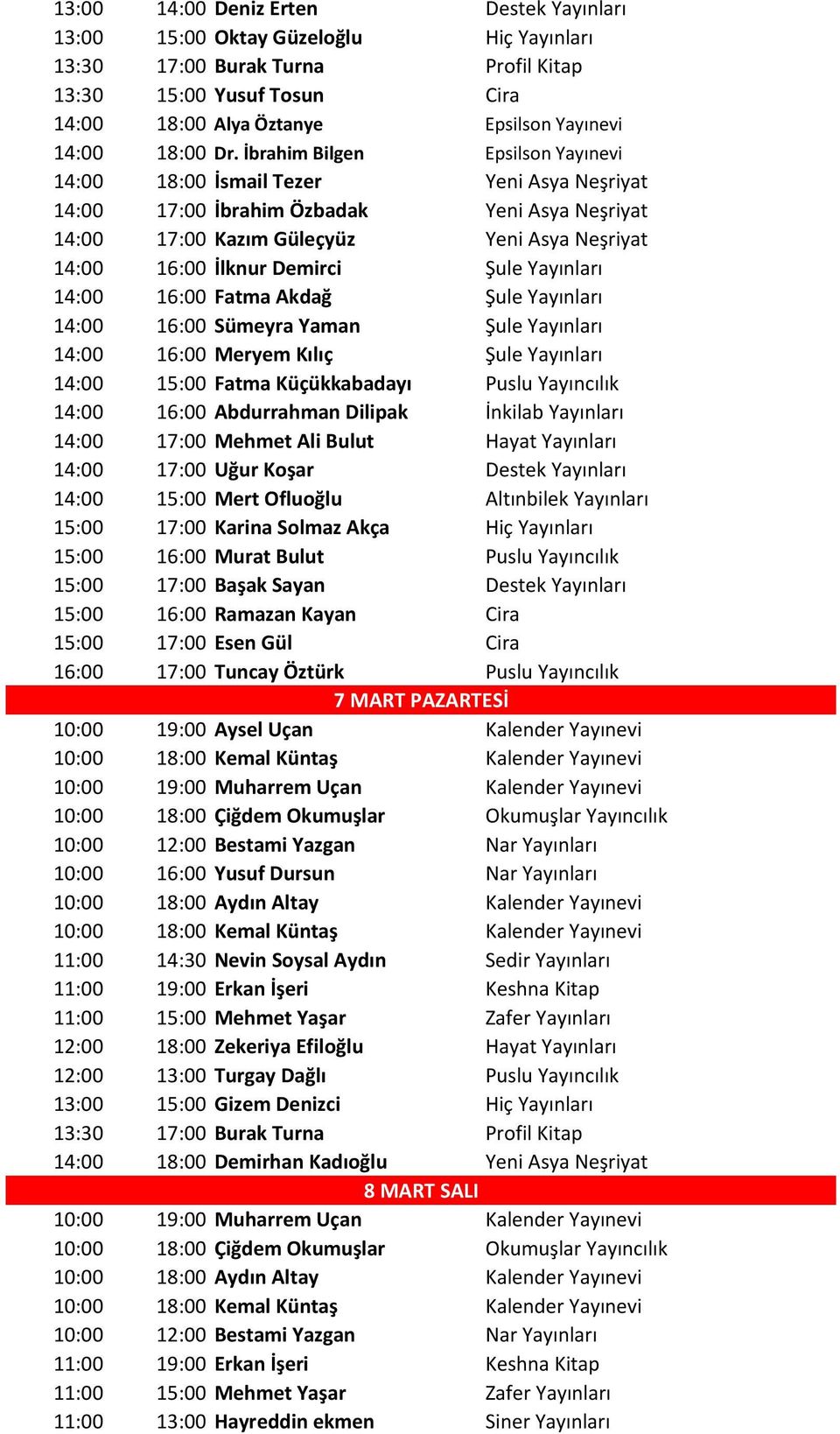 İbrahim Bilgen Epsilson Yayınevi 14:00 18:00 İsmail Tezer Yeni Asya Neşriyat 14:00 17:00 İbrahim Özbadak Yeni Asya Neşriyat 14:00 17:00 Kazım Güleçyüz Yeni Asya Neşriyat 14:00 16:00 İlknur Demirci