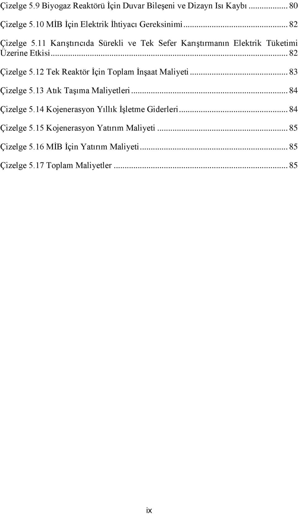 .. 83 Çizelge 5.13 Atık Taşıma Maliyetleri... 84 Çizelge 5.14 Kojenerasyon Yıllık İşletme Giderleri... 84 Çizelge 5.15 Kojenerasyon Yatırım Maliyeti.