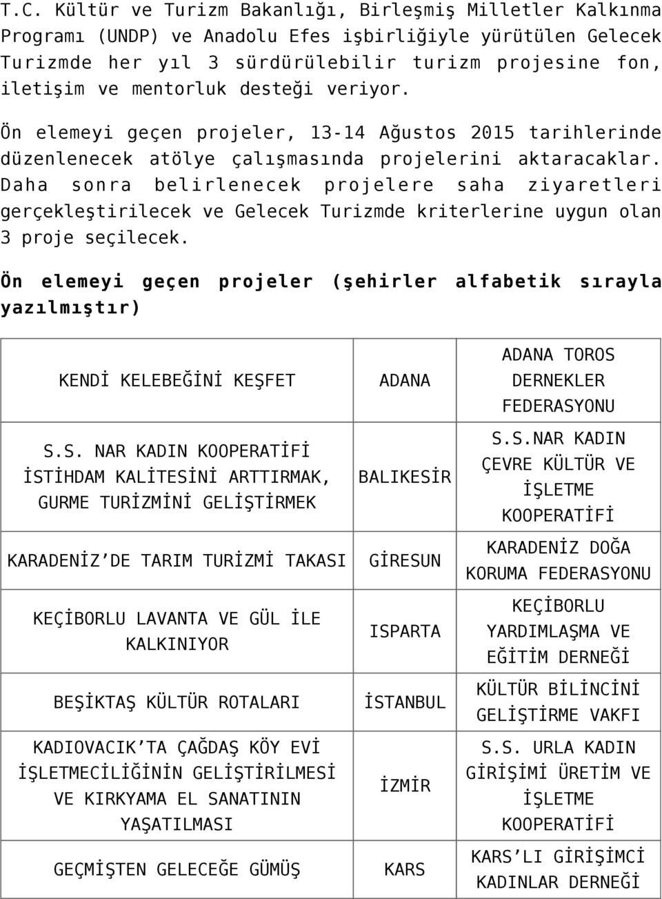 Daha sonra belirlenecek projelere saha ziyaretleri gerçekleştirilecek ve Gelecek Turizmde kriterlerine uygun olan 3 proje seçilecek.