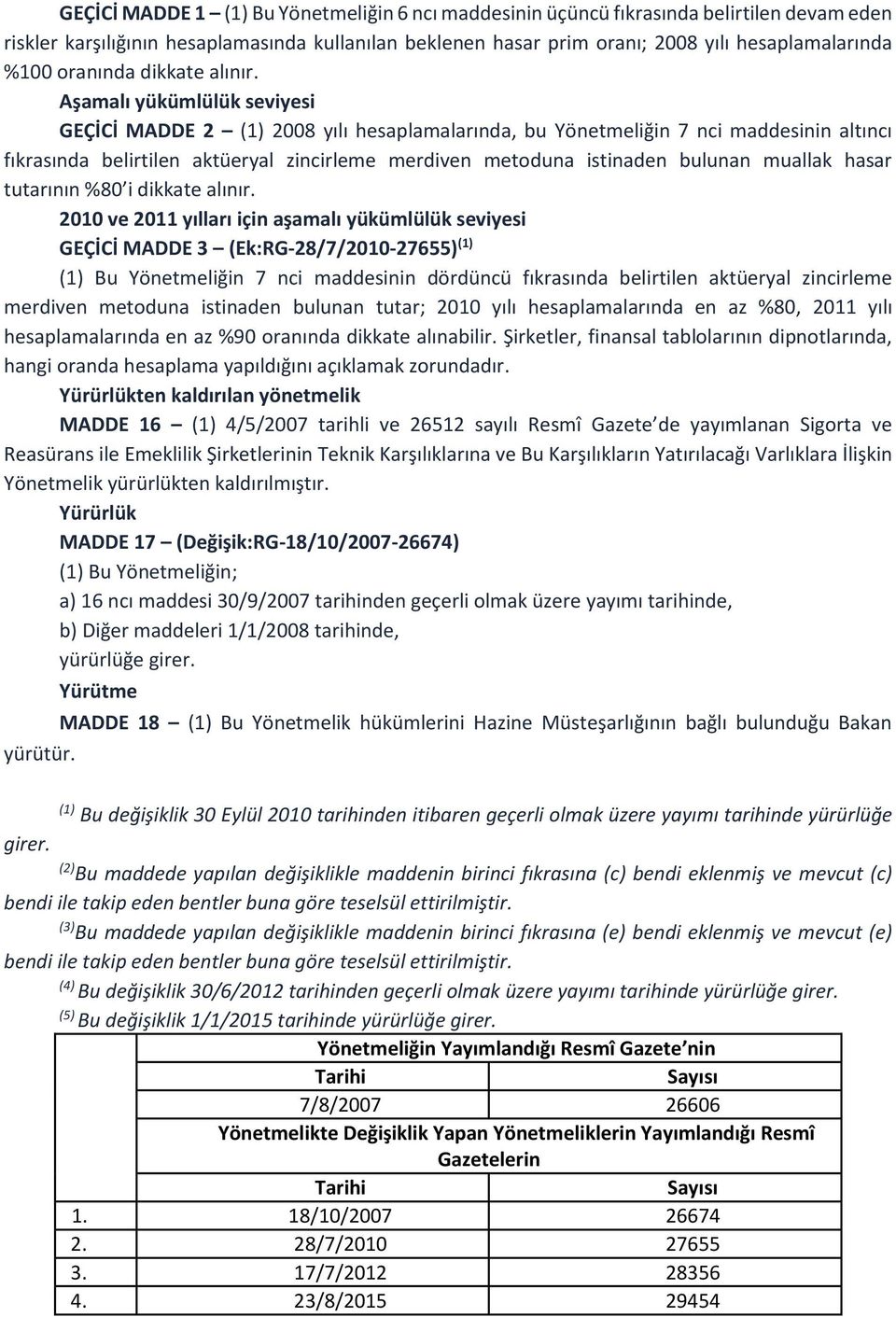 Aşamalı yükümlülük seviyesi GEÇİCİ MADDE 2 (1) 2008 yılı hesaplamalarında, bu Yönetmeliğin 7 nci maddesinin altıncı fıkrasında belirtilen aktüeryal zincirleme merdiven metoduna istinaden bulunan