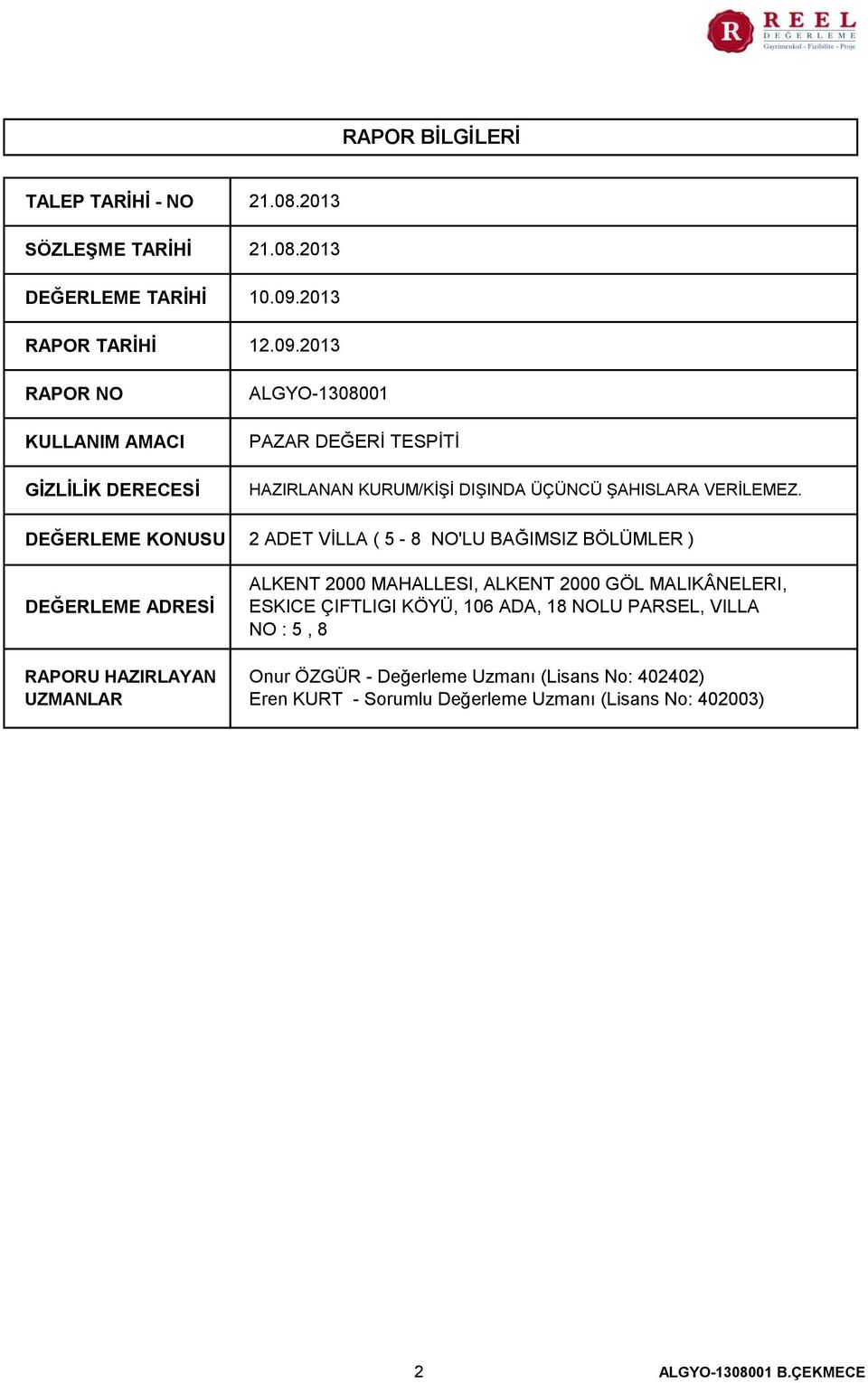 2013 ALGYO-1308001 PAZAR DEĞERİ TESPİTİ HAZIRLANAN KURUM/KİŞİ DIŞINDA ÜÇÜNCÜ ŞAHISLARA VERİLEMEZ.