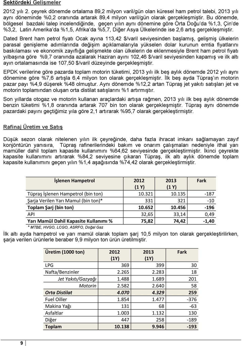 Bu dönemde, bölgesel bazdaki talep incelendiğinde, geçen yılın aynı dönemine göre Orta Doğu da %1,3, Çin de %3,2, Latin Amerika da %1,5, Afrika da %5,7, Diğer Asya Ülkelerinde ise 2,6 artış