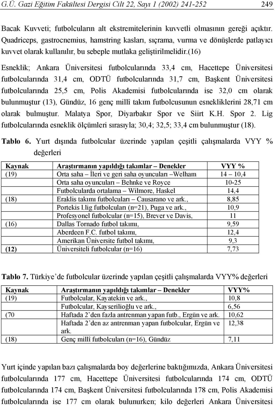 (16) Esneklik; Ankara Üniversitesi futbolcularında 33,4 cm, Hacettepe Üniversitesi futbolcularında 31,4 cm, ODTÜ futbolcularında 31,7 cm, Başkent Üniversitesi futbolcularında 25,5 cm, Polis Akademisi