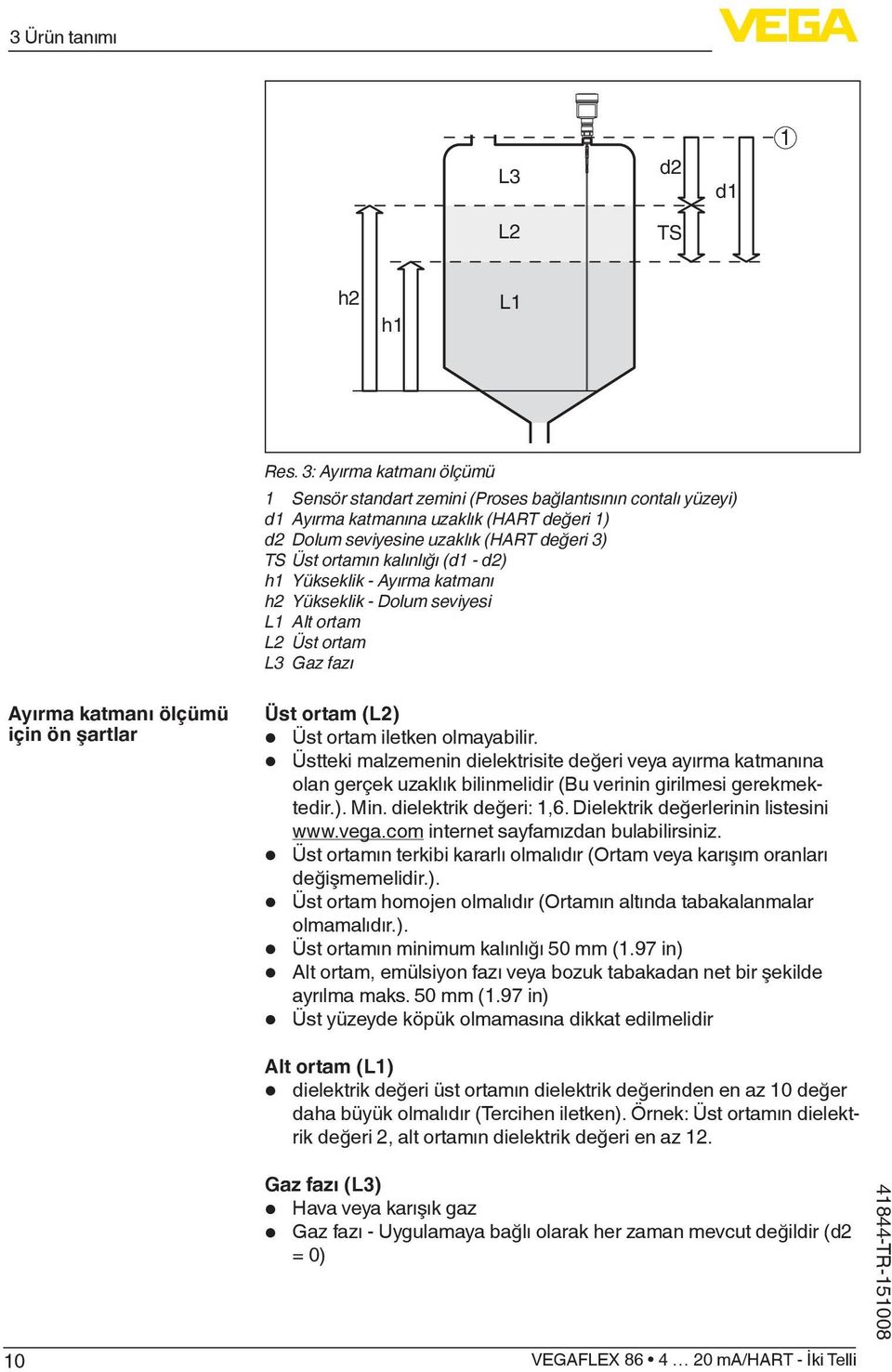 kalınlığı (d1 - d2) h1 Yükseklik - Ayırma katmanı h2 Yükseklik - Dolum seviyesi L1 Alt ortam L2 Üst ortam L3 Gaz fazı Ayırma katmanı ölçümü için ön şartlar Üst ortam (L2) Üst ortam iletken