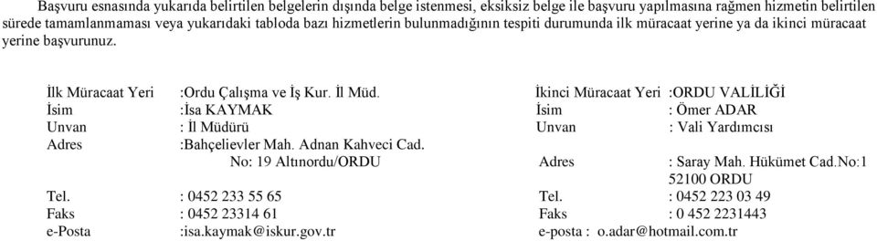 İkinci Müracaat Yeri :ORDU VALİLİĞİ İsim :İsa KAYMAK İsim : Ömer ADAR Unvan : İl Müdürü Unvan : Vali Yardımcısı Adres :Bahçelievler Mah. Adnan Kahveci Cad.