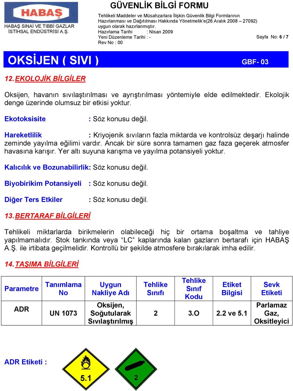 Ancak bir süre sonra tamamen gaz faza geçerek atmosfer havasına karışır. Yer altı suyuna karışma ve yayılma potansiyeli yoktur. Kalıcılık ve Bozunabilirlik: Söz konusu değil.