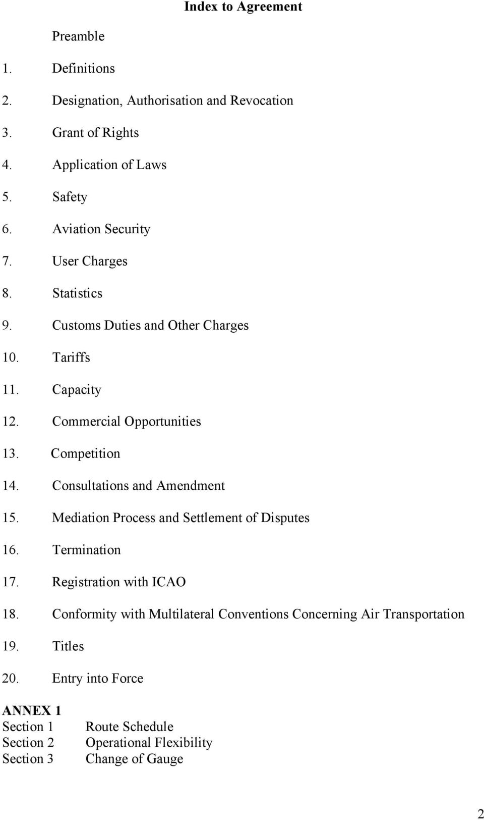 Competition 14. Consultations and Amendment 15. Mediation Process and Settlement of Disputes 16. Termination 17. Registration with ICAO 18.