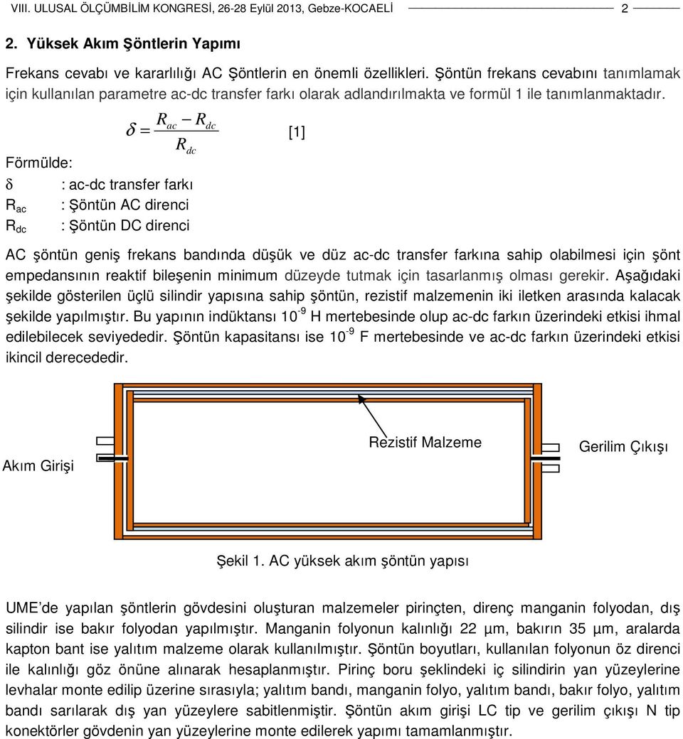 Förmülde: δ R ac R dc δ = Rac R R dc : ac-dc transfer farkı : Şöntün AC direnci : Şöntün DC direnci dc [1] AC şöntün geniş frekans bandında düşük ve düz ac-dc transfer farkına sahip olabilmesi için