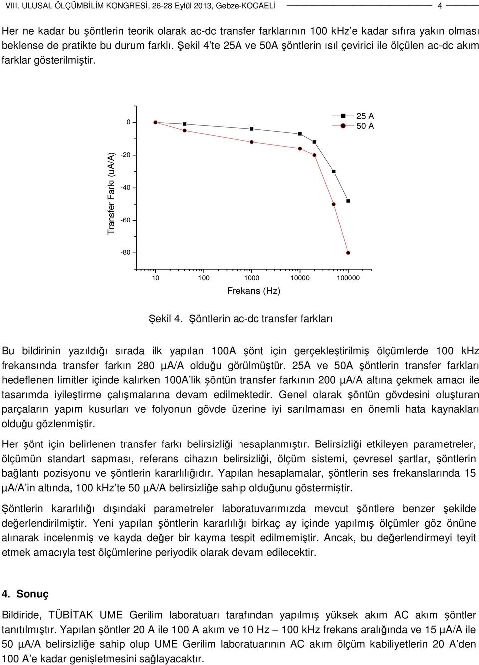 Şöntlerin ac-dc transfer farkları Bu bildirinin yazıldığı sırada ilk yapılan 100A şönt için gerçekleştirilmiş ölçümlerde 100 khz frekansında transfer farkın 280 µa/a olduğu görülmüştür.