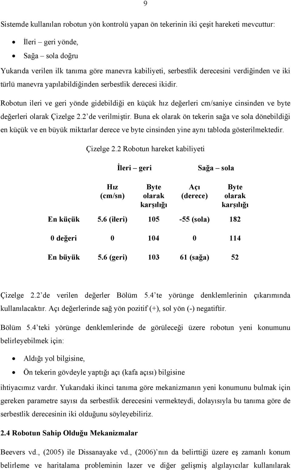 Robotun ileri ve geri yönde gidebildiği en küçük hız değerleri cm/saniye cinsinden ve byte değerleri olarak Çizelge 2.2 de verilmiştir.