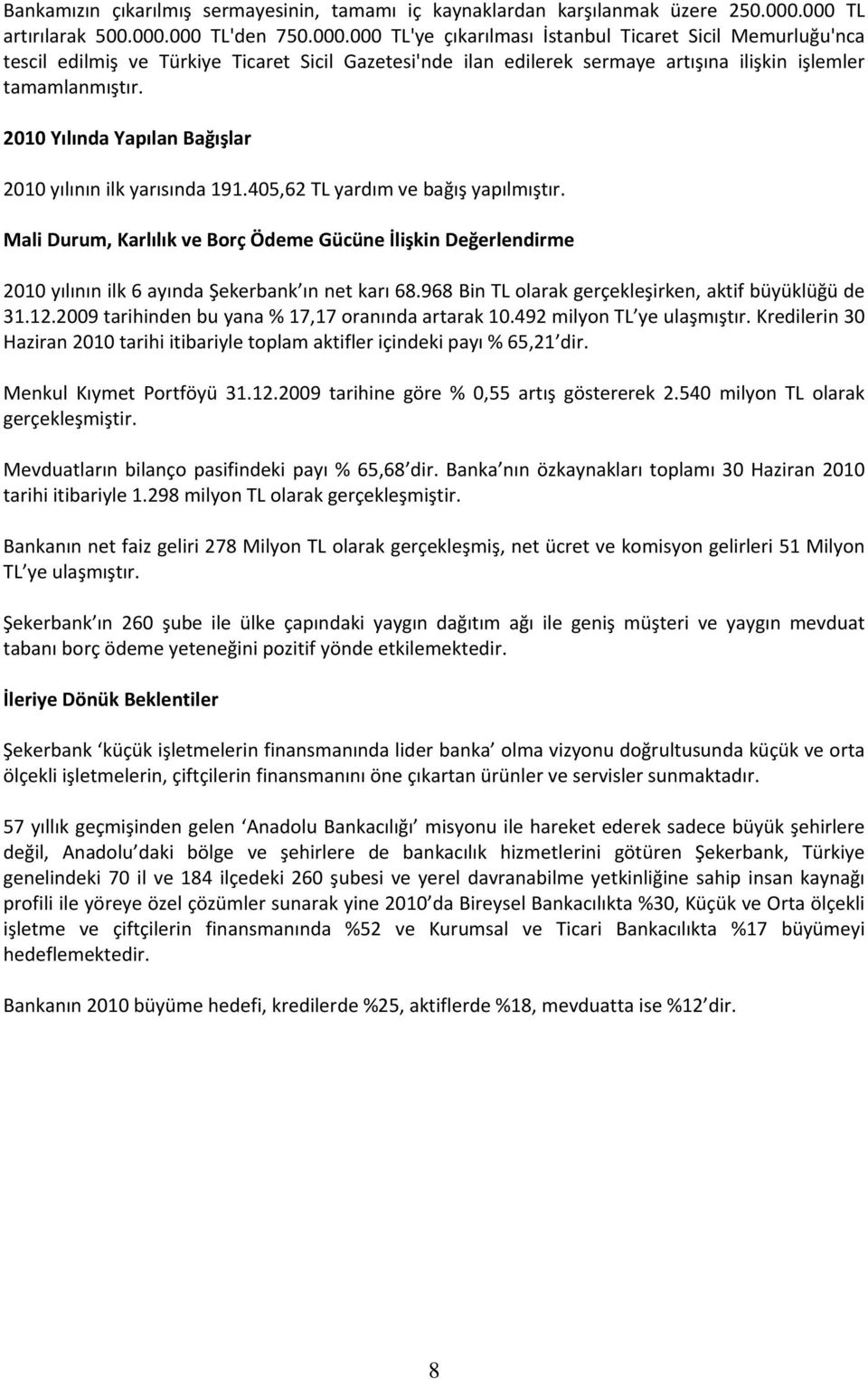 2010 Yılında Yapılan Bağışlar 2010 yılının ilk yarısında 191.405,62 TL yardım ve bağış yapılmıştır.