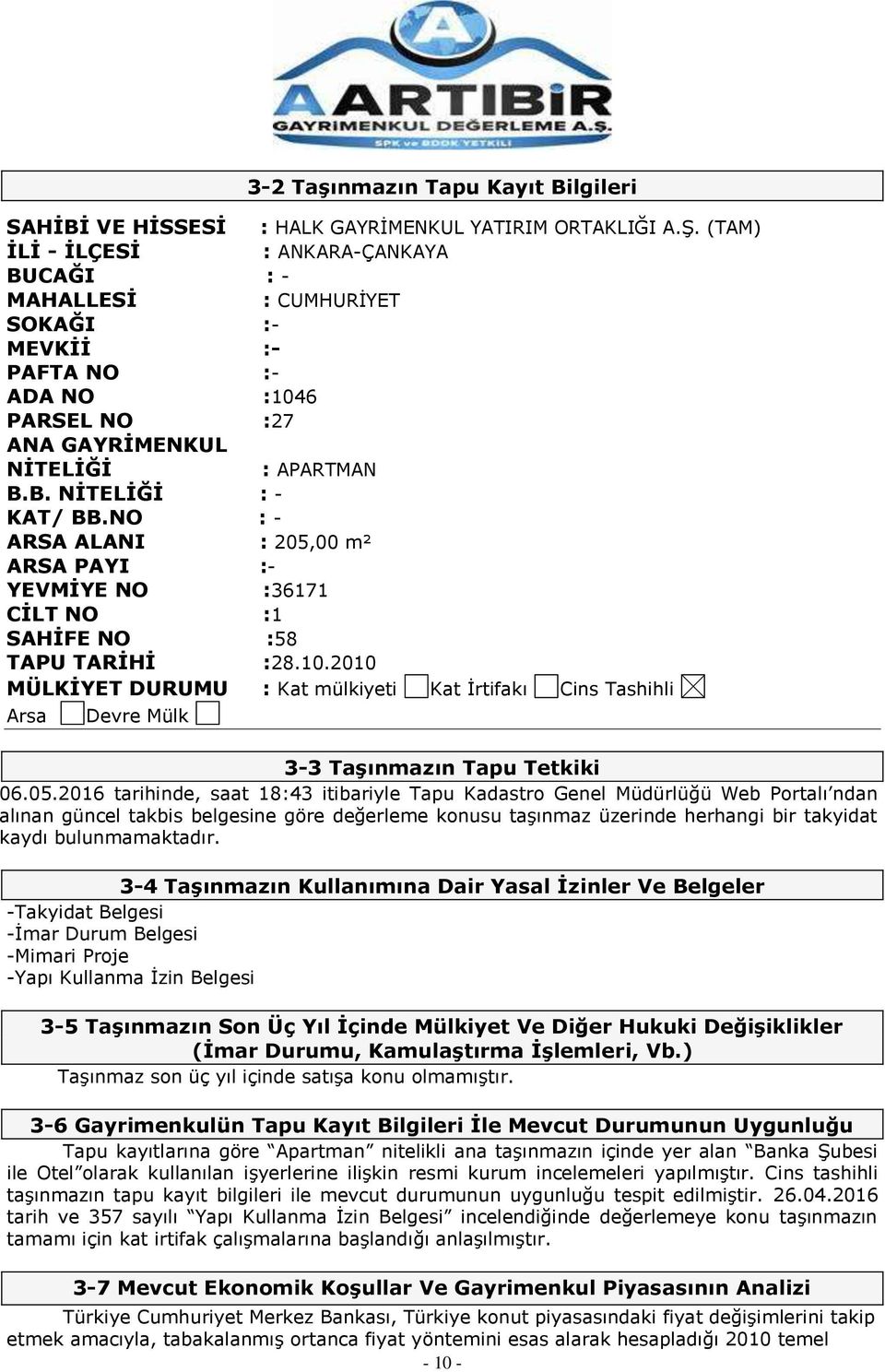 NO : - ARSA ALANI : 205,00 m² ARSA PAYI :- YEVMİYE NO :36171 CİLT NO :1 SAHİFE NO :58 TAPU TARİHİ :28.10.