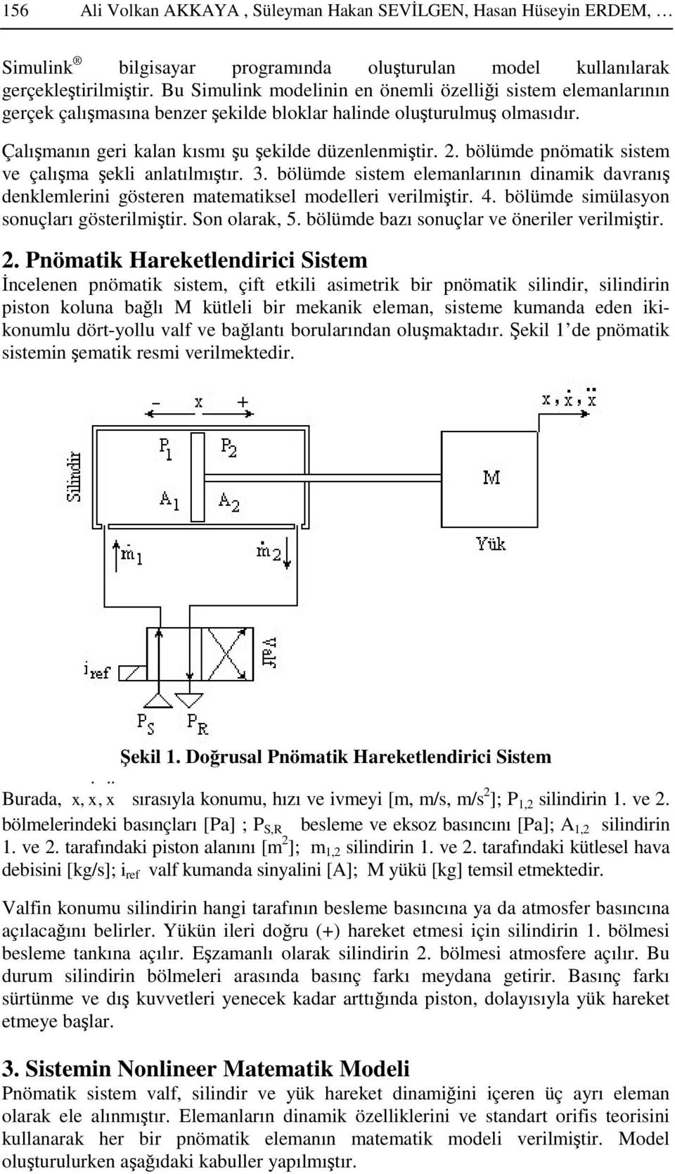 . bölüme pnömatik sistem ve çalıma ekli anlatılmıtır. 3. bölüme sistem elemanlarının inamik avranı enklemlerini gösteren matematiksel moelleri verilmitir. 4. bölüme simülasyon sonuçları gösterilmitir.