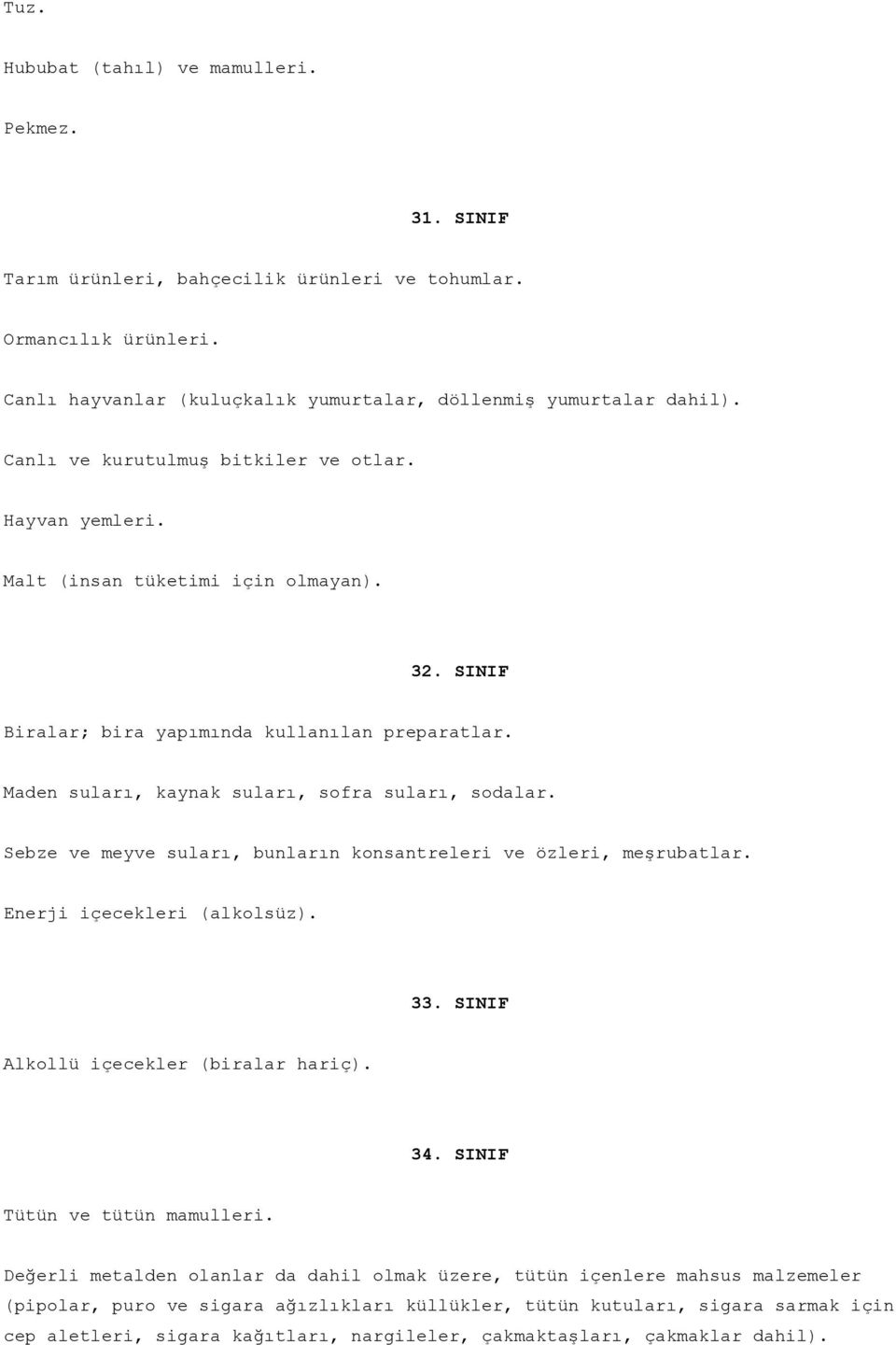 Sebze ve meyve suları, bunların konsantreleri ve özleri, meşrubatlar. Enerji içecekleri (alkolsüz). 33. SINIF Alkollü içecekler (biralar hariç). 34. SINIF Tütün ve tütün mamulleri.