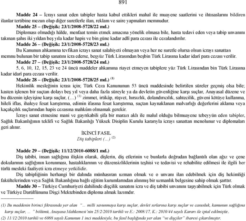 ) Diploması olmadığı hâlde, menfaat temin etmek amacına yönelik olmasa bile, hasta tedavi eden veya tabip unvanını takınan şahıs iki yıldan beş yıla kadar hapis ve bin güne kadar adlî para cezası ile