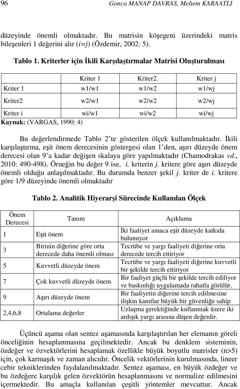 Kriter j Kriter 1 w1/w1 w1/w2 w1/wj Kriter2 w2/w1 w2/w2 w2/wj Kriter i wi/w1 wi/w2 wi/wj Kaynak: (VARGAS, 1990: 4) Bu değerlendirmede Tablo 2 te gösterilen ölçek kullanılmaktadır.