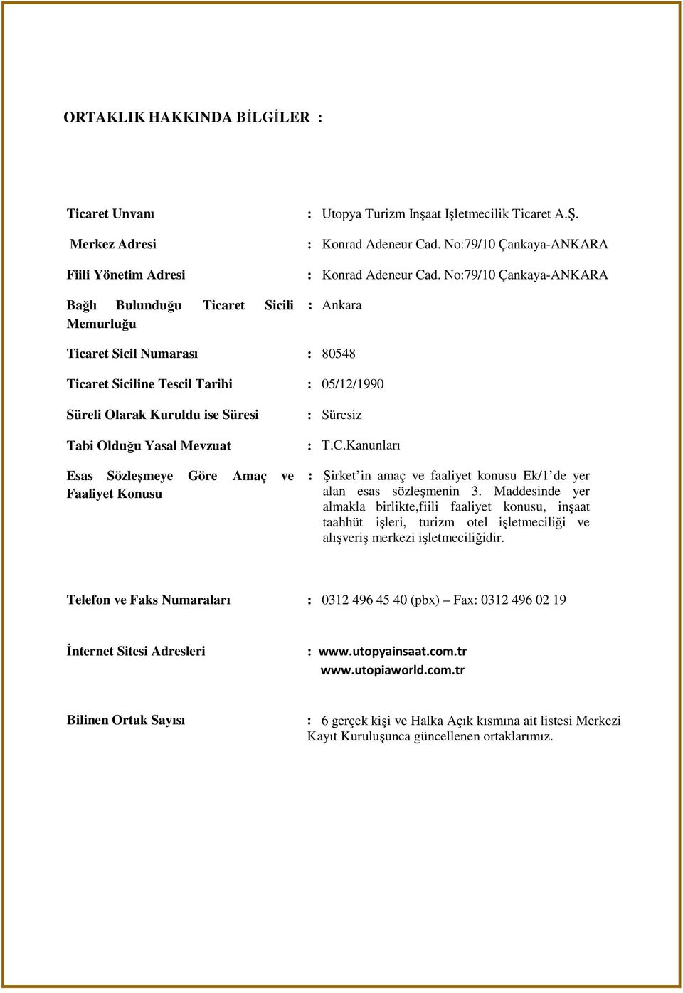 No:79/10 Çankaya-ANKARA : Ankara Ticaret Sicil Numarası : 80548 Ticaret Siciline Tescil Tarihi : 05/12/1990 Süreli Olarak Kuruldu ise Süresi Tabi Olduğu Yasal Mevzuat Esas Sözleşmeye Göre Amaç ve