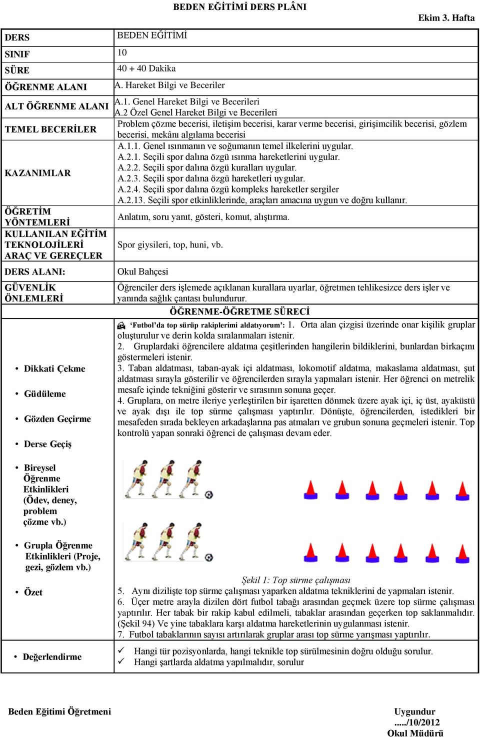 Seçili spor etkinliklerinde, araçları amacına uygun ve doğru kullanır. Spor giysileri, top, huni, vb. Futbol da top sürüp rakiplerimi aldatıyorum : 1.