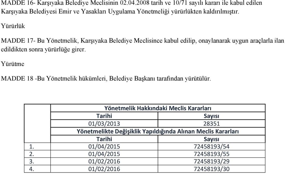 Yürürlük MADDE 17- Bu Yönetmelik, Karşıyaka Belediye Meclisince kabul edilip, onaylanarak uygun araçlarla ilan edildikten sonra yürürlüğe girer.
