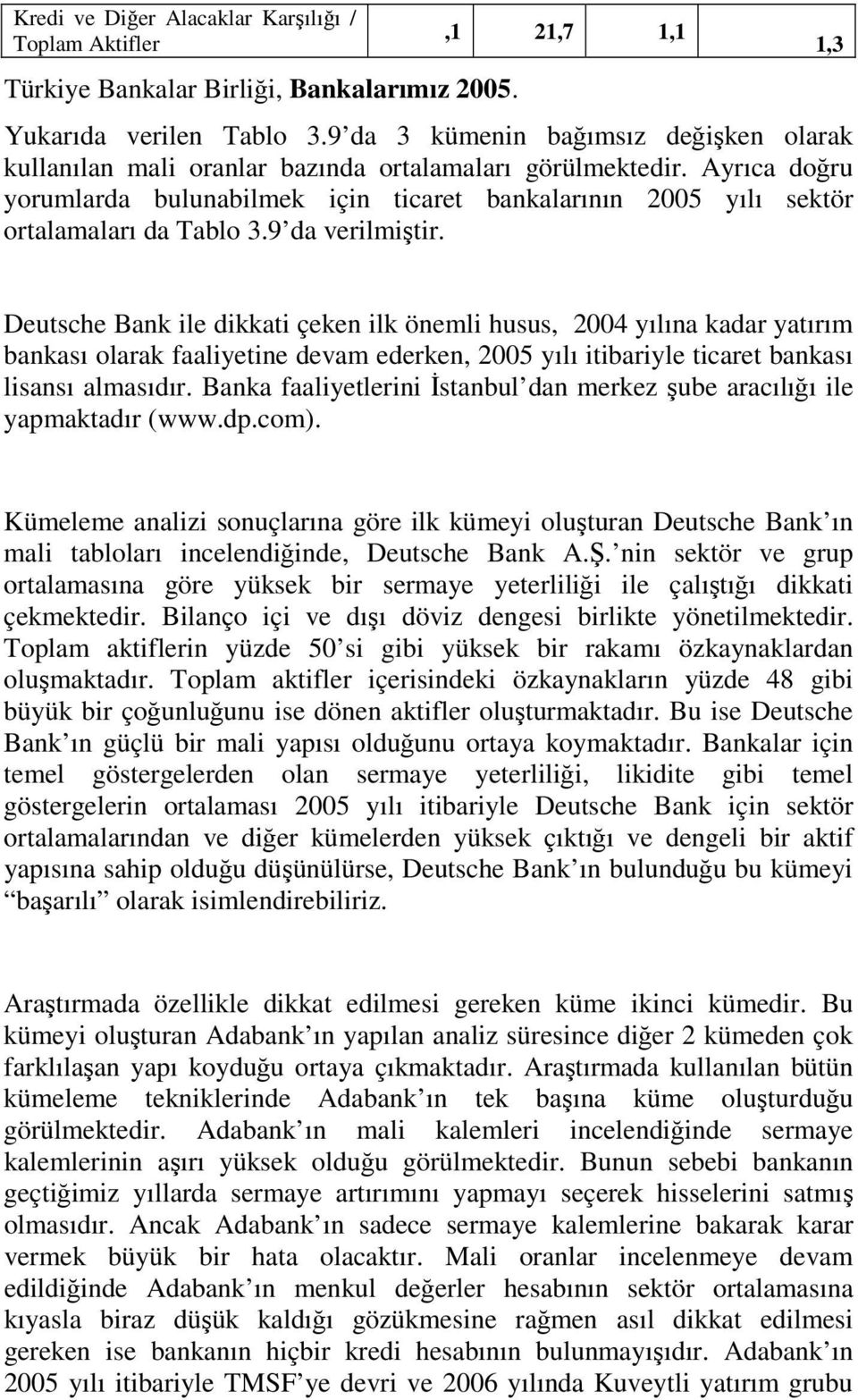 Ayrıca doğru yorumlarda bulunabilmek için ticaret bankalarının 2005 yılı sektör ortalamaları da Tablo 3.9 da verilmiştir.