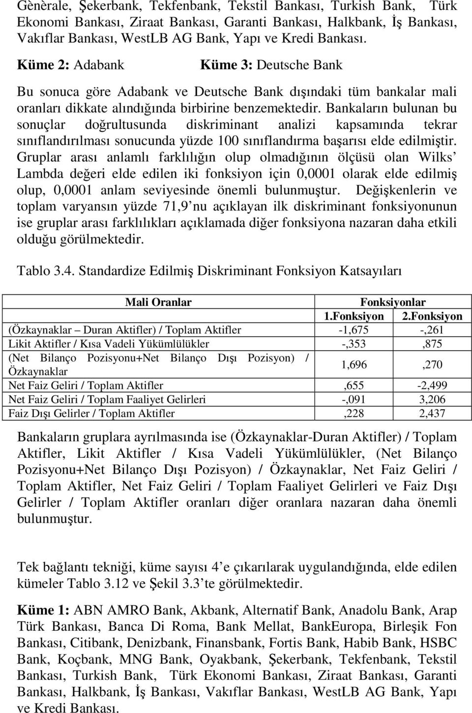 Bankaların bulunan bu sonuçlar doğrultusunda diskriminant analizi kapsamında tekrar sınıflandırılması sonucunda yüzde 100 sınıflandırma başarısı elde edilmiştir.