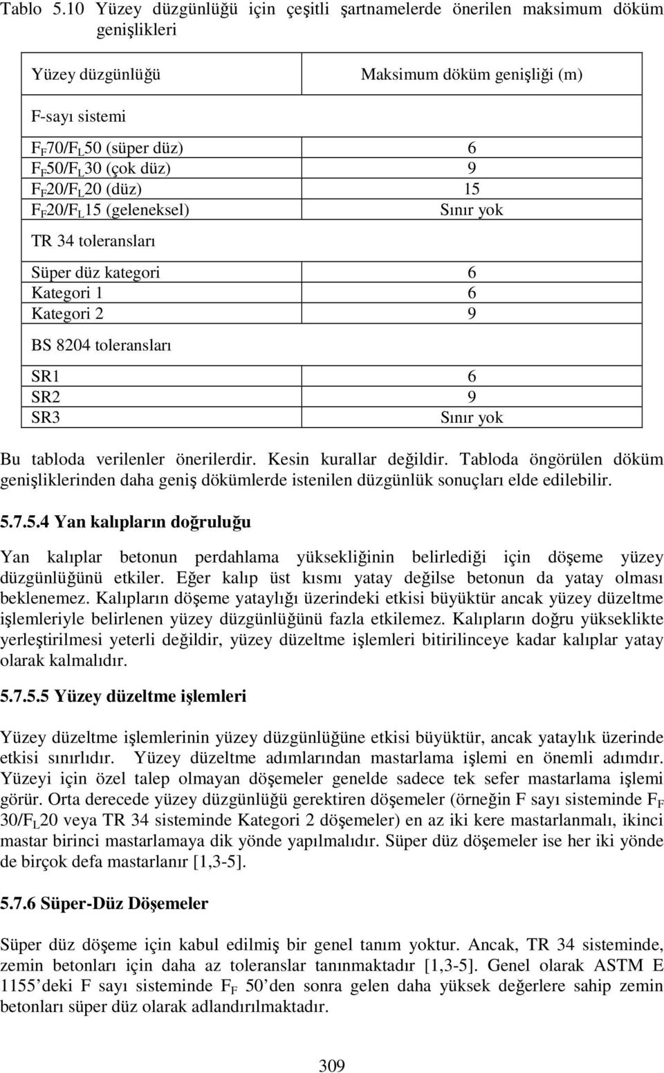 F F 20/F L 20 (düz) 15 F F 20/F L 15 (geleneksel) Sınır yok TR 34 toleransları Süper düz kategori 6 Kategori 1 6 Kategori 2 9 BS 8204 toleransları SR1 6 SR2 9 SR3 Sınır yok Bu tabloda verilenler