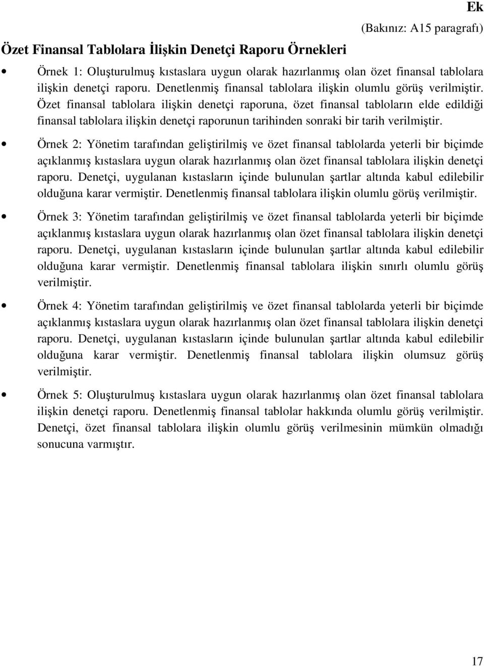 Özet finansal tablolara ilişkin denetçi raporuna, özet finansal tabloların elde edildiği finansal tablolara ilişkin denetçi raporunun tarihinden sonraki bir tarih verilmiştir.