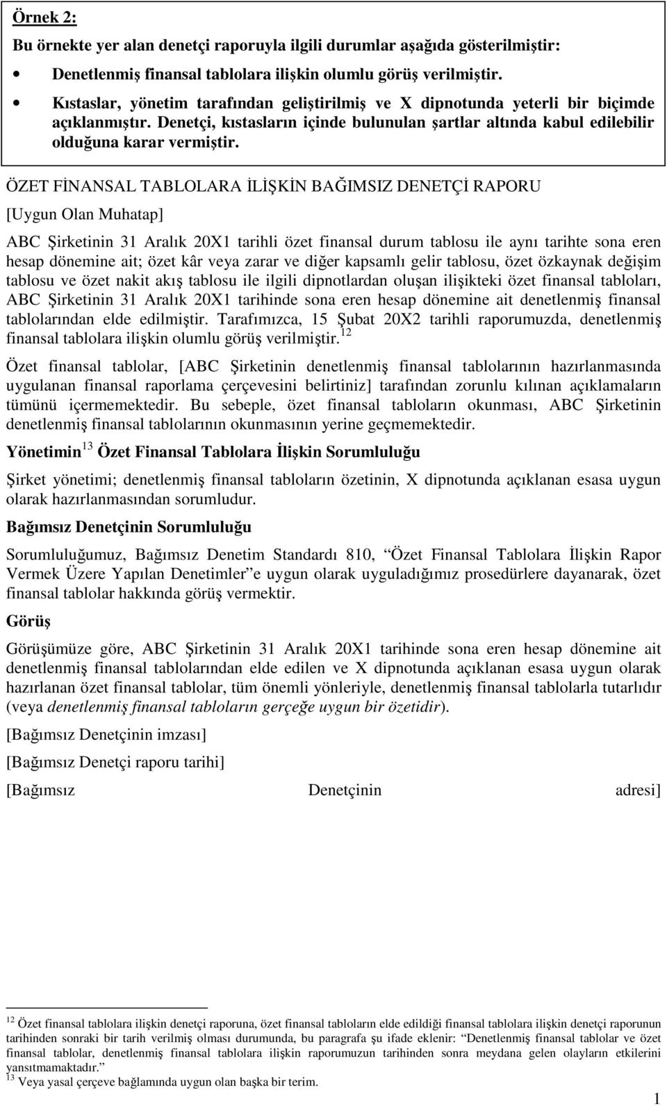 ÖZET FĐNANSAL TABLOLARA ĐLĐŞKĐN BAĞIMSIZ DENETÇĐ RAPORU [Uygun Olan Muhatap] ABC Şirketinin 31 Aralık 20X1 tarihli özet finansal durum tablosu ile aynı tarihte sona eren hesap dönemine ait; özet kâr