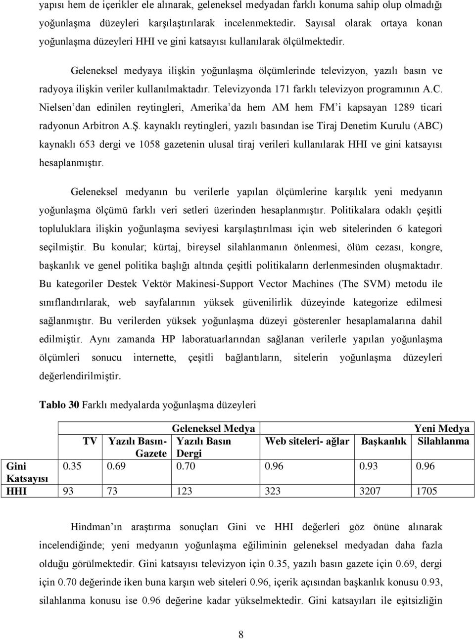 Geleneksel medyaya ilişkin yoğunlaşma ölçümlerinde televizyon, yazılı basın ve radyoya ilişkin veriler kullanılmaktadır. Televizyonda 171 farklı televizyon programının A.C.